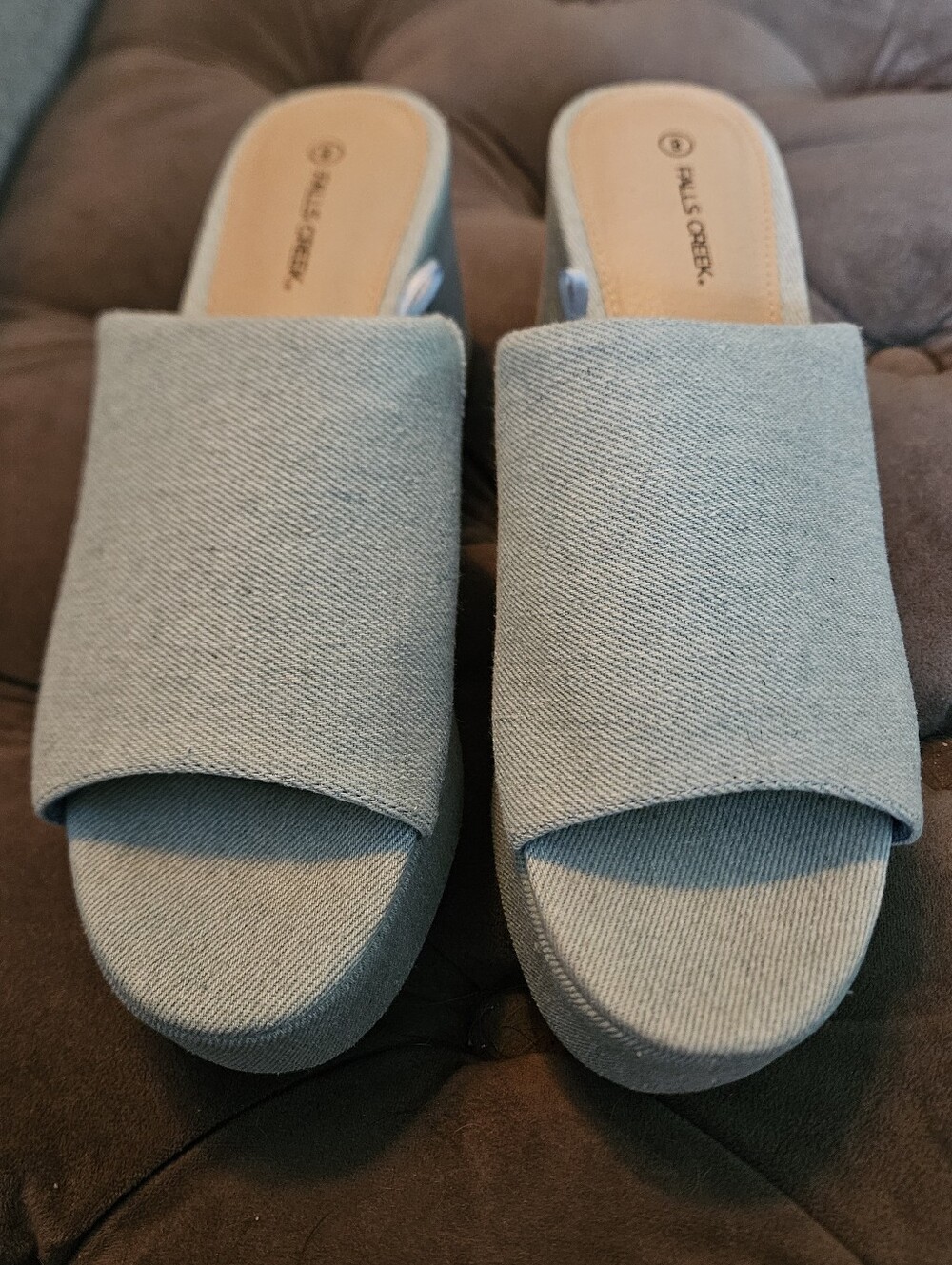 Falls Creek. Light Denum Open-Toe  Chunky Heel.  Never Worn.